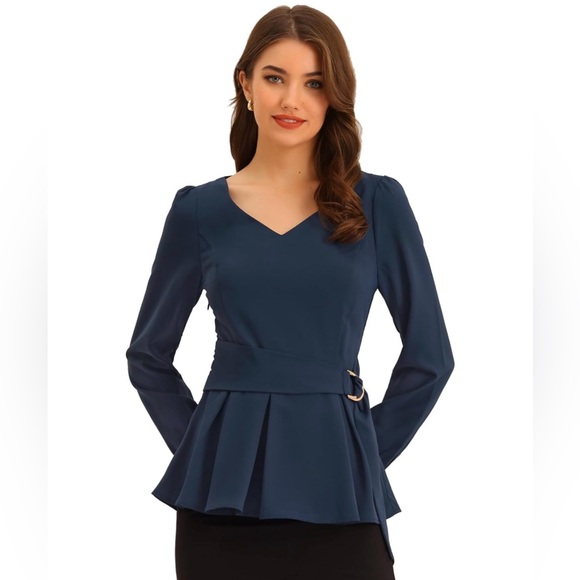 New Long Sleeve V Neck Belted Peplum Blouse - Picture 1 of 8